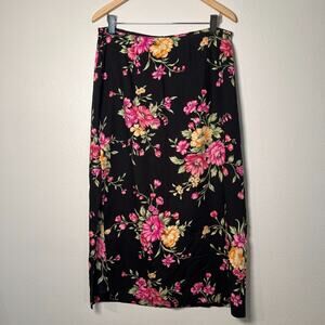 Kathie Lee Collection Women’s Black Floral Maxi Skirt Size 14 Side Slits